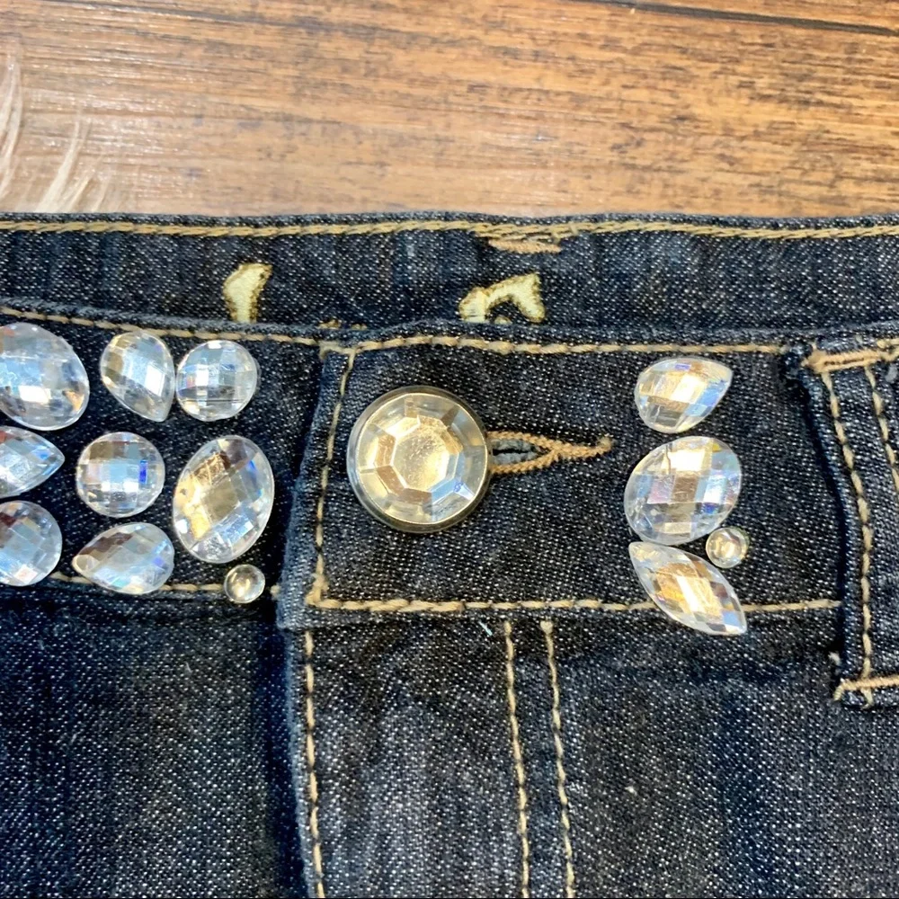 Wallflower Denim Mini Skirt Size 1 Dark Wash Rhinestone Waistband Jean Skirt